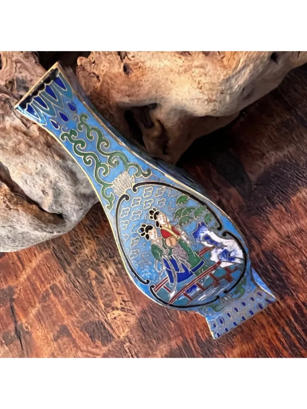 Antique Mini  Chinese Cloisonné Vase With Hand-Painted Scenic Motifs & Blue Enam